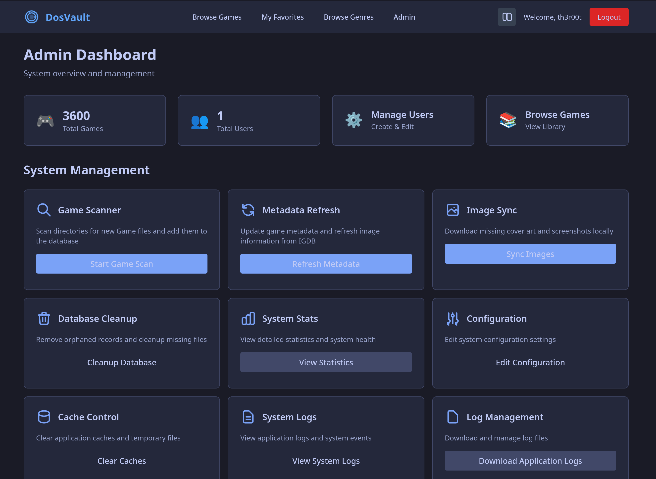 DosVault Admin Panel - Manage users, scan for new games, and configure system settings