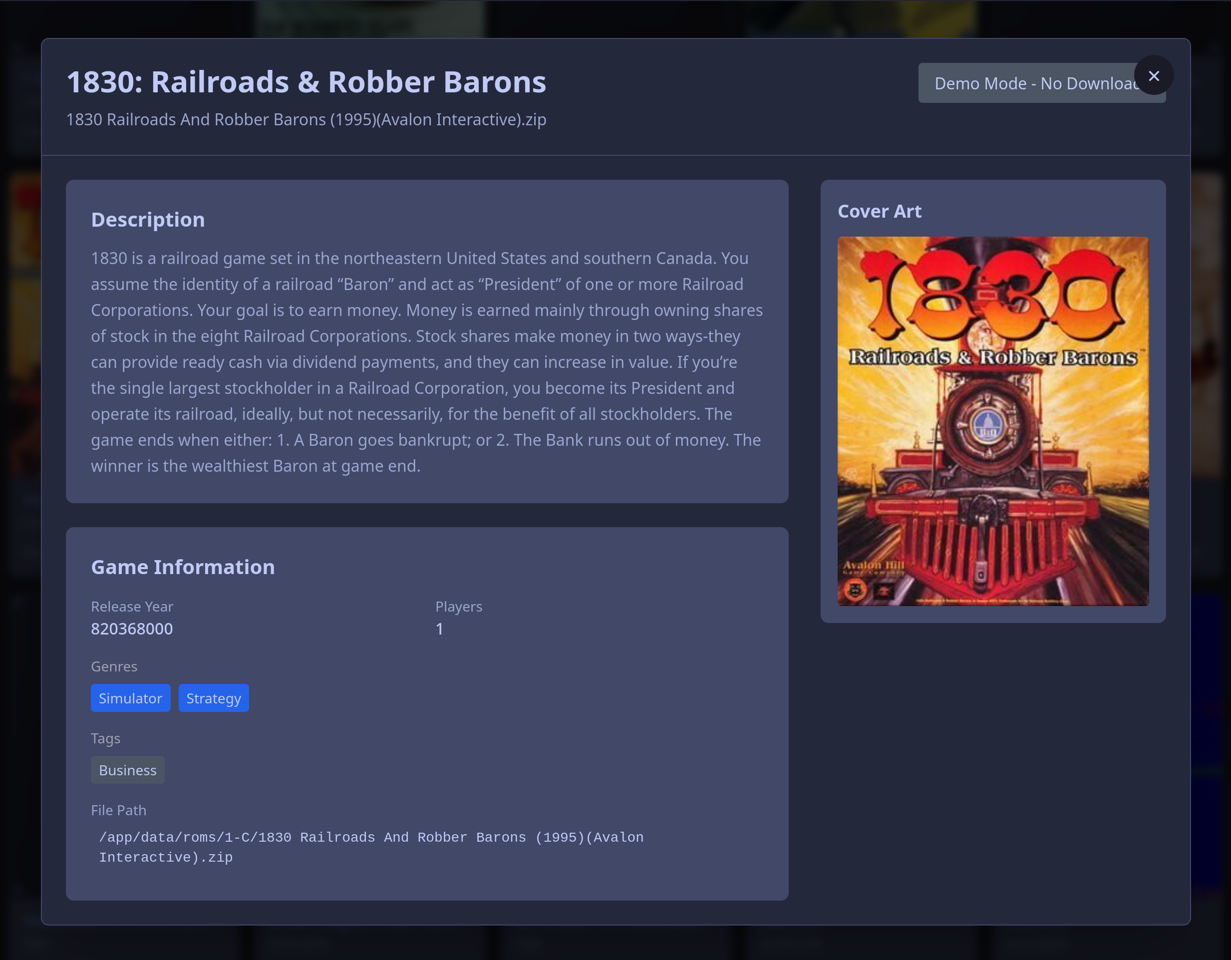 DosVault Game Details - Detailed game information with screenshots, metadata and download options