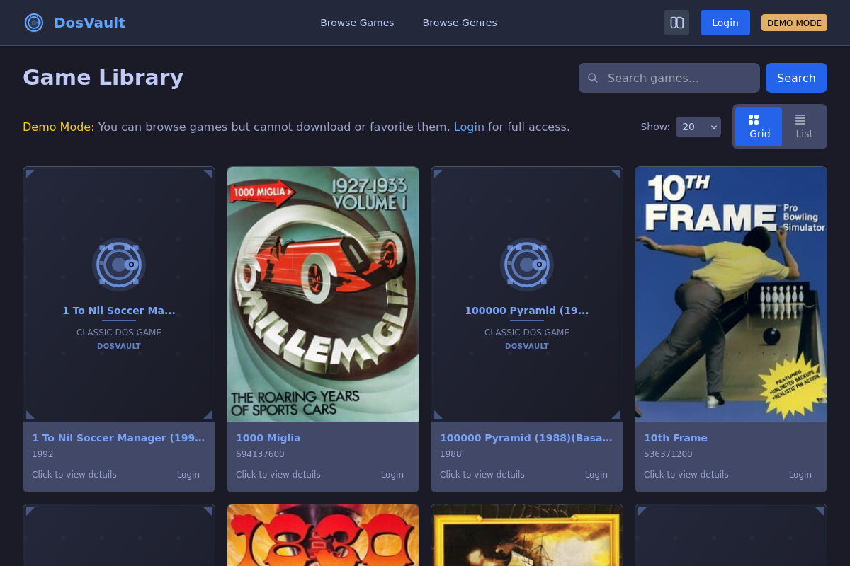 DosVault Game Library - Browse your DOS game collection with beautiful cover art and metadata